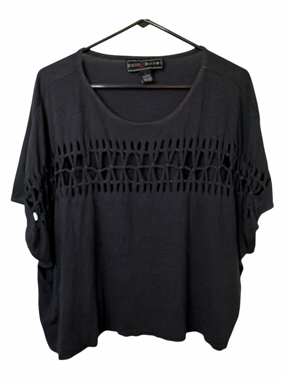 Polly & Esther Black Short Sleeve Top with Openwork Yoke Cropped